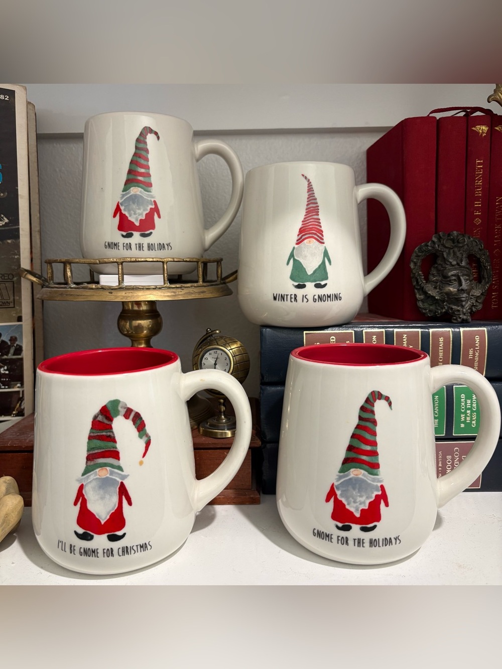 DEI set of 4 Festive Gnome Ceramic Mug - Red Interior microwave/dishwasher safe